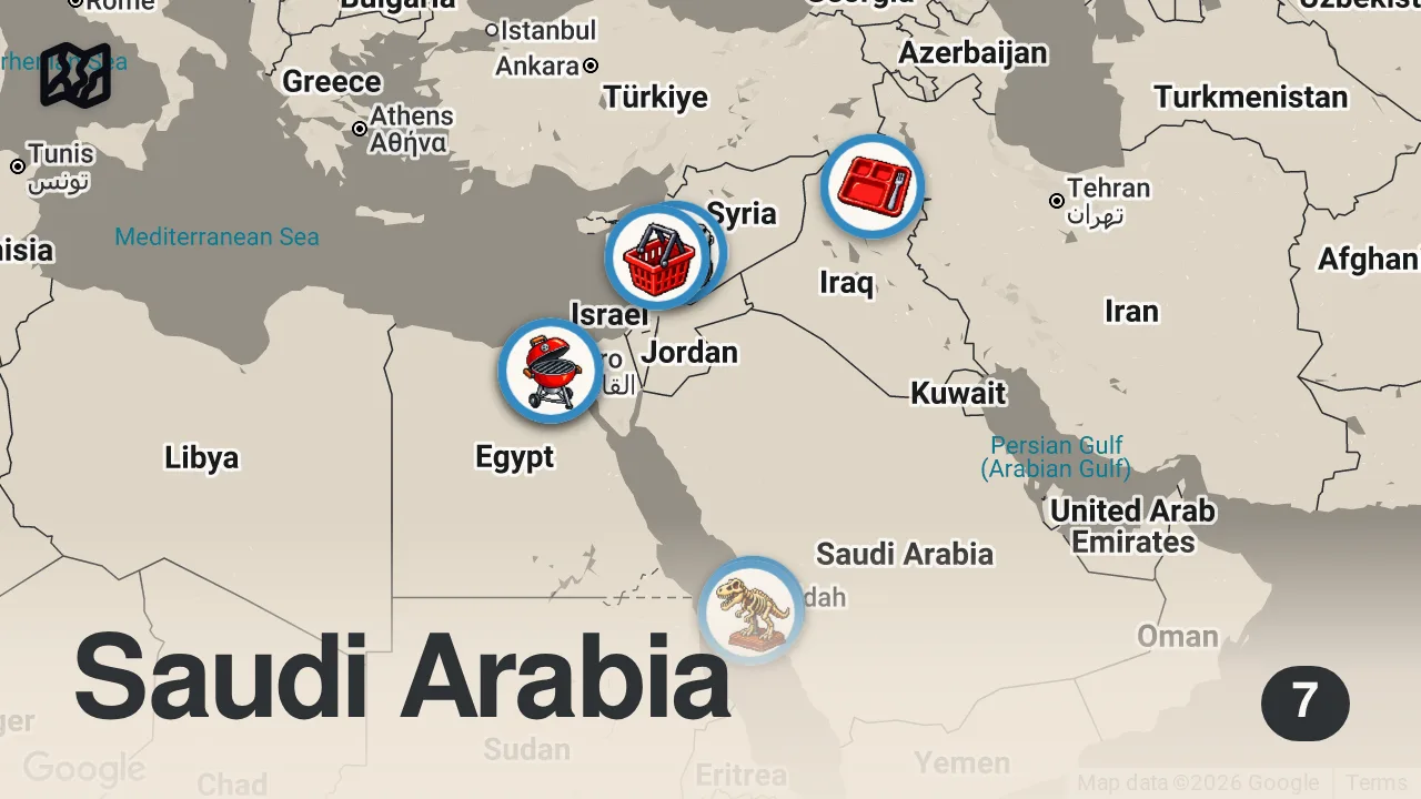 Map of 7 spots from Anthony in the Middle East | Anthony Bourdain: No Reservations | Travel Channel