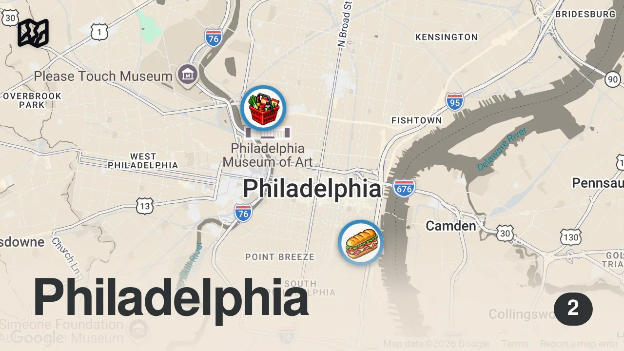 Map of 2 spots from Filipino Version of the Philly Roast Pork Sandwich