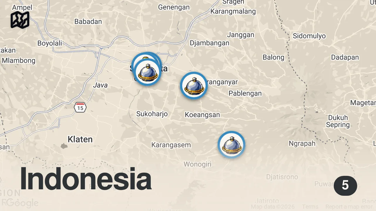 Map of 5 spots from Central Java VILLAGE BBQ - Indonesian Street food in Solo, Indonesia