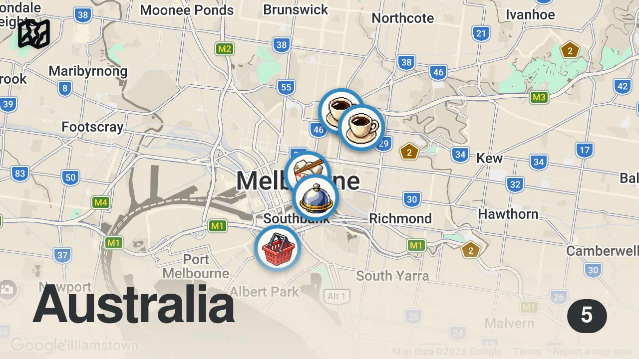 Map of 5 spots from First time in AUSTRALIA!! 🇦🇺 Kangaroo + Huge BOGAN BURGER!! | What is Australian Food??
