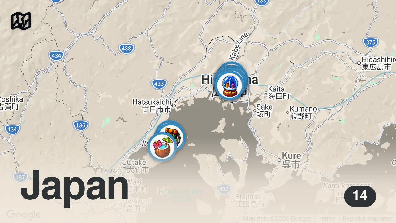Map of 14 spots from HIROSHIMA, JAPAN (2026) | The Best Things To Do In & Around Hiroshima