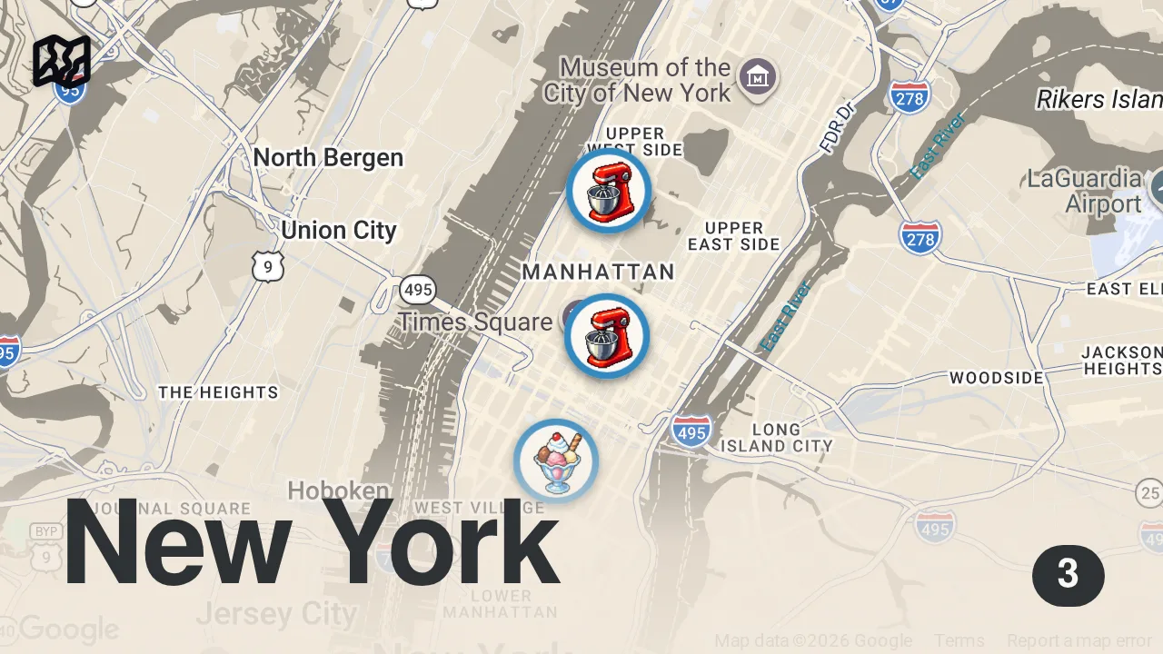 Map of 3 spots from Best Desserts in NYC | New York City Dessert Tour