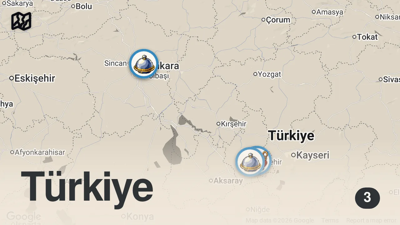Map of 3 spots from 🇹🇷 Best TURKISH BREAKFAST in Turkey!!! Meat heaven + Indian food in Cappadocia