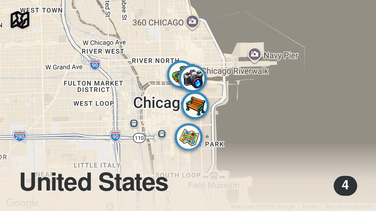 Map of 4 spots from 4k Chicago Walking Tour - Downtown, Riverwalk, Wabash