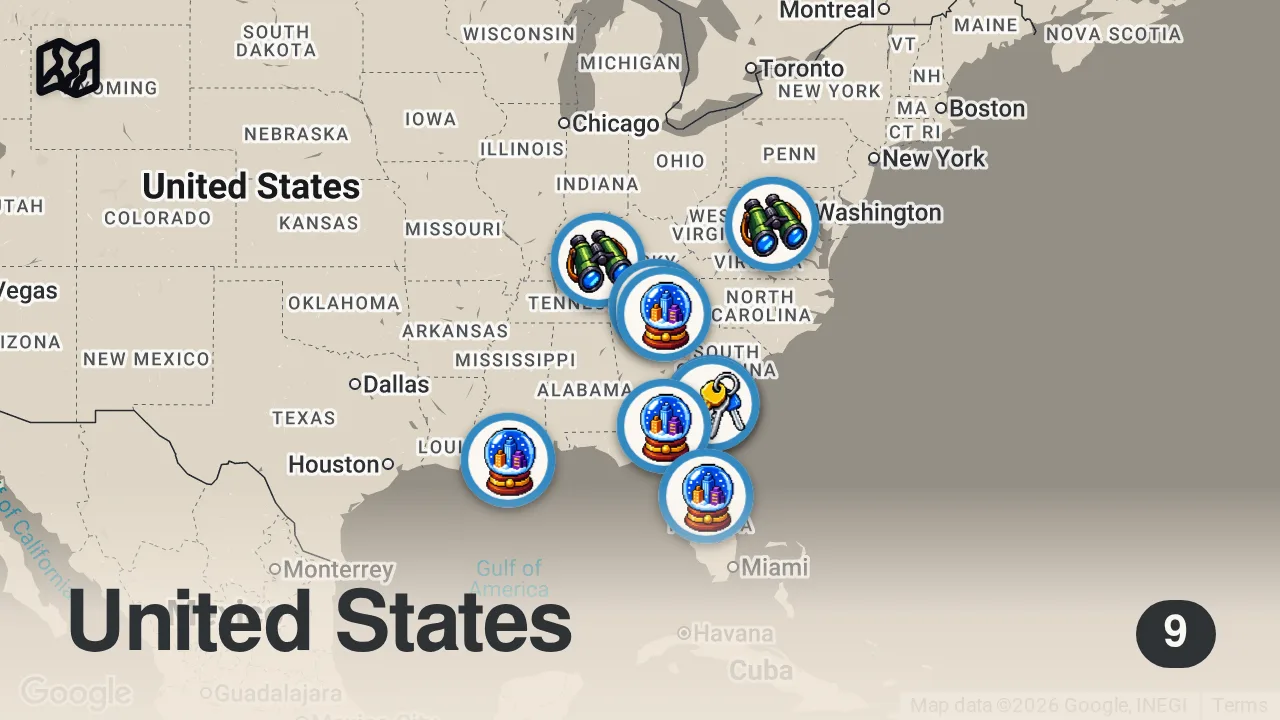 Map of 9 spots from 10 Must See Place In the Southeast | Travel Guide