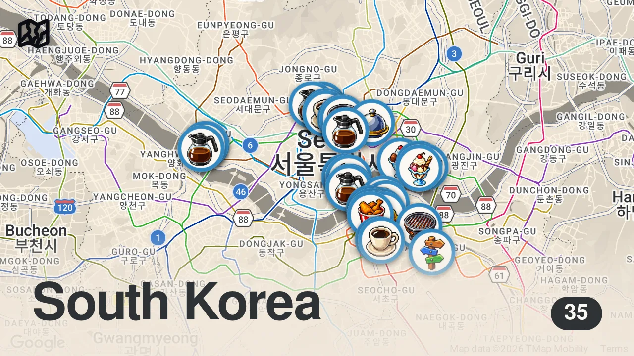 Map of 35 spots from 7 days in korea 🍰 *must try places* || best kbbq, cafe hopping, local recommendation, family time