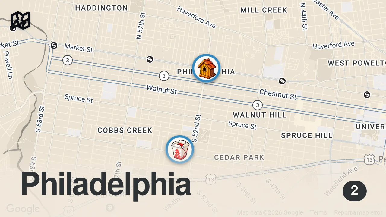 Map of 2 spots from Black-American x Chinese Takeout Fusion (soul eggrolls, oxtail lo mein, peach cobbler wontons, etc.)