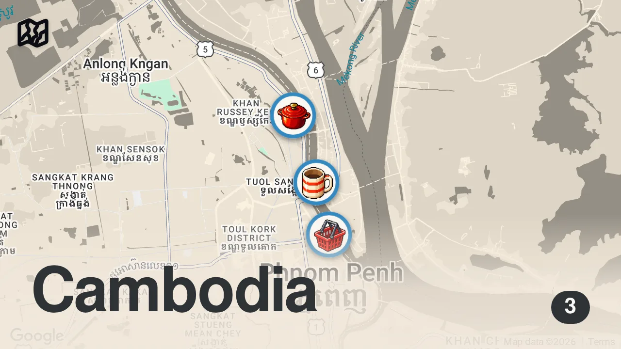 Map of 3 spots from $50 Challenge In The Most Touristic Market In Siem Reap, Cambodia ๐ฐ๐ญ