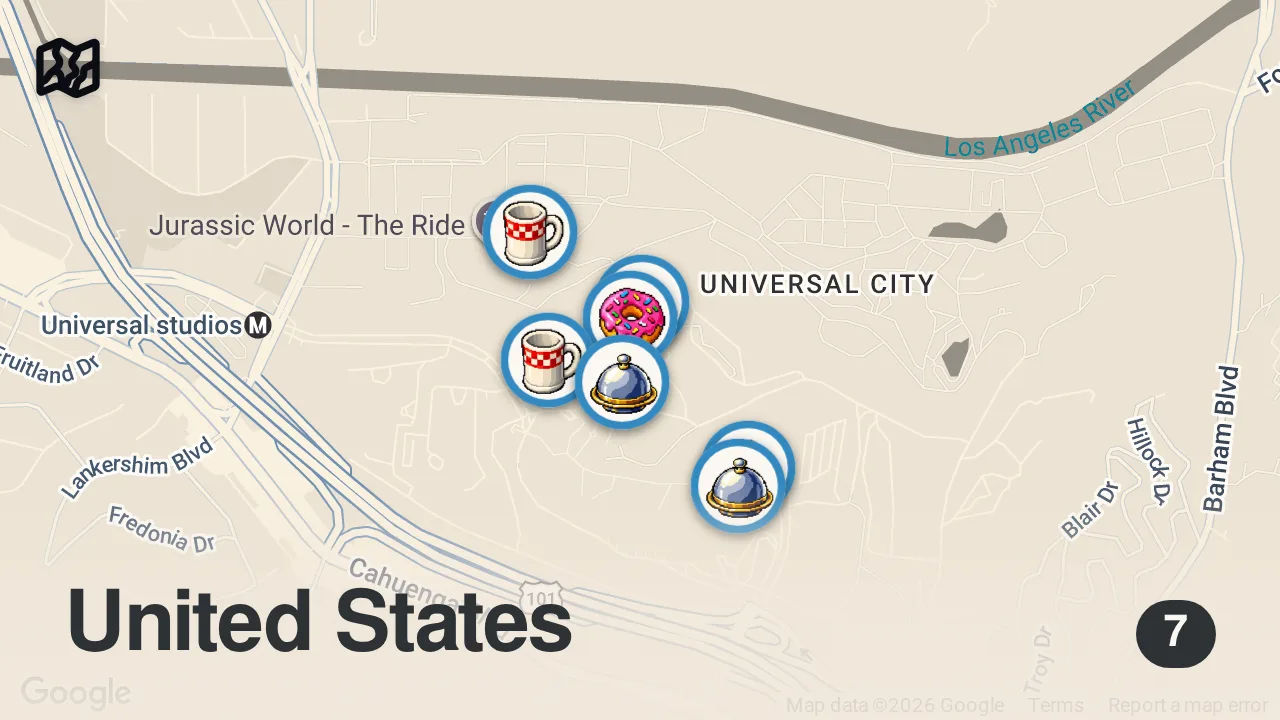 Map of 7 spots from Finding The Best Snack at Universal Studios Hollywood | Food Tours | Food Insider
