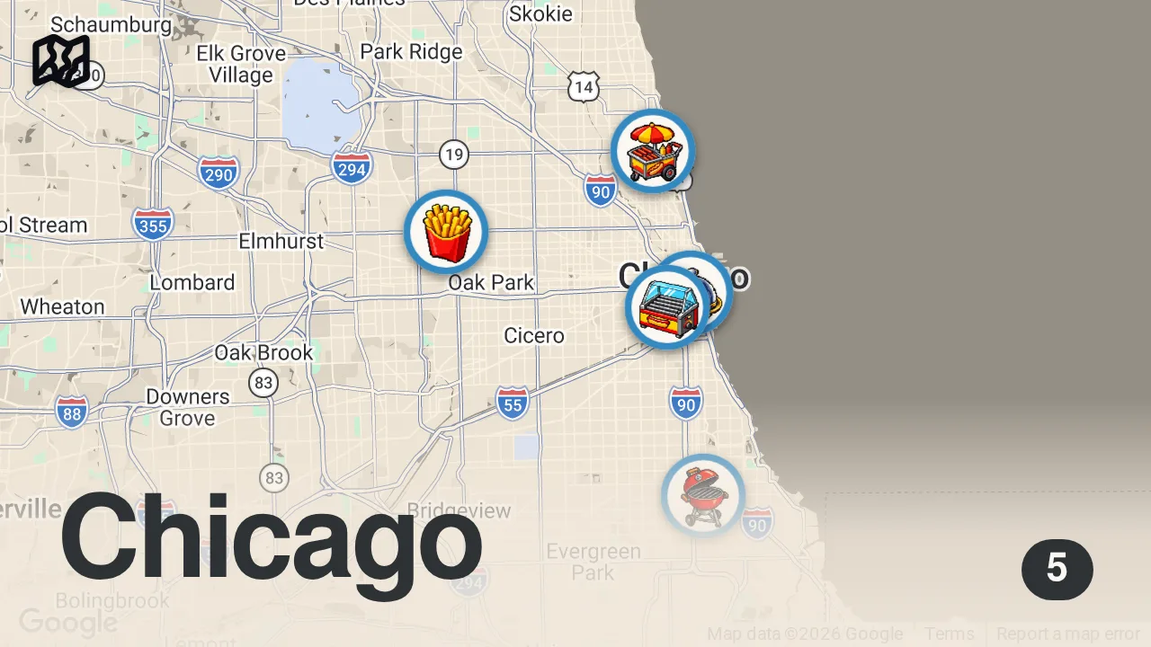 Map of 5 spots from Chicago Street Food!! 5 MUST EAT FOODS You Can’t Miss in Chicago, USA!!