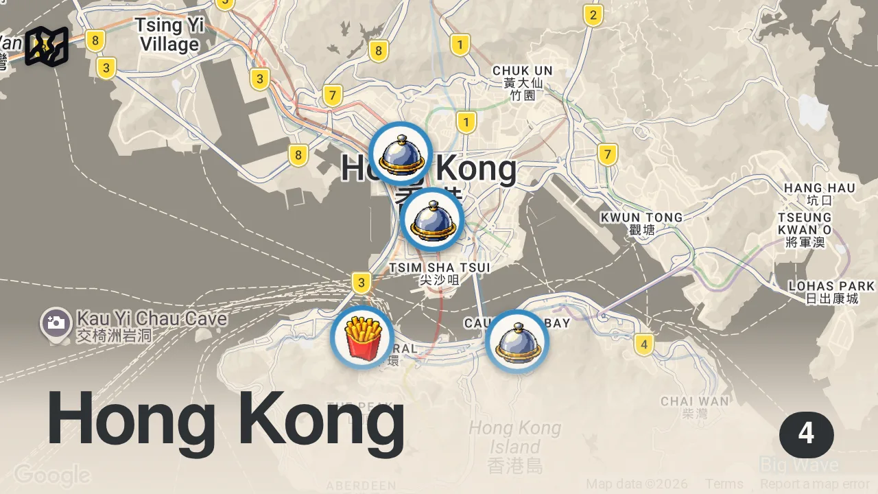 Map of 4 spots from Hong Kong Street Food - 14 HOURS NONSTOP Best Food in Hong Kong!!