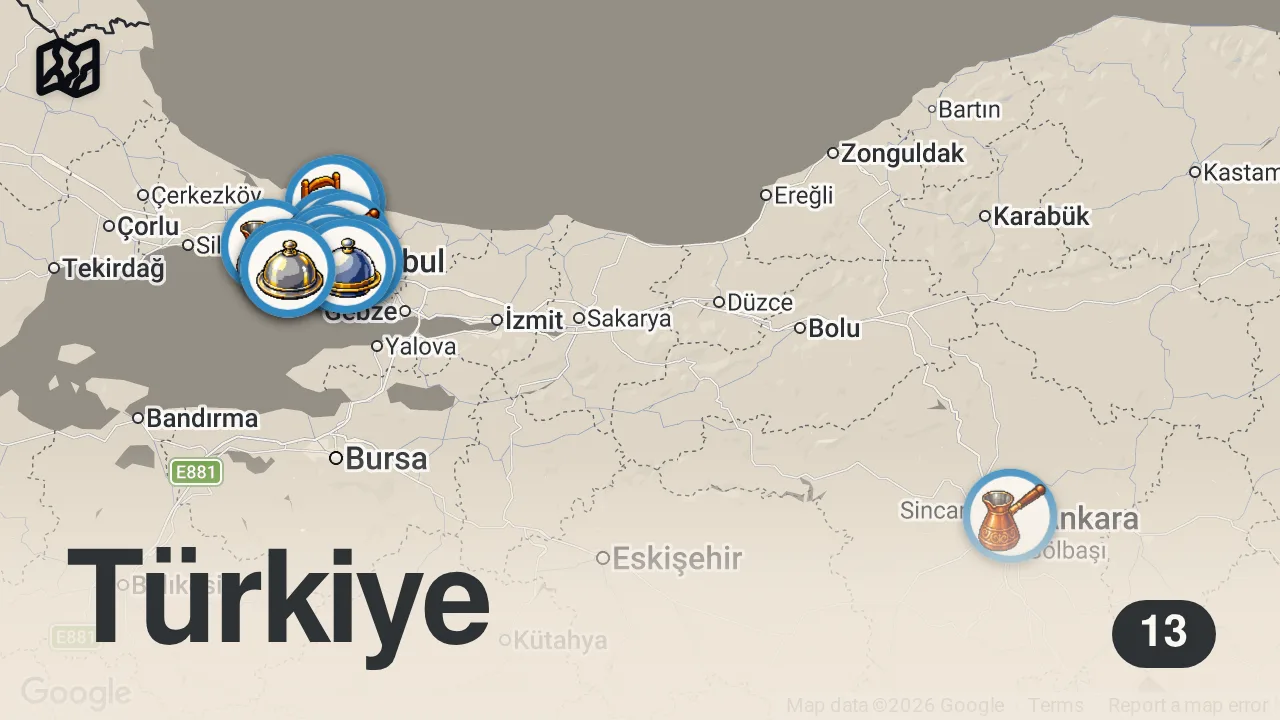 Map of 13 spots from 10 Dönerci, 1 Gün, Tek Amaç: En İyi Döneri Bulmak!