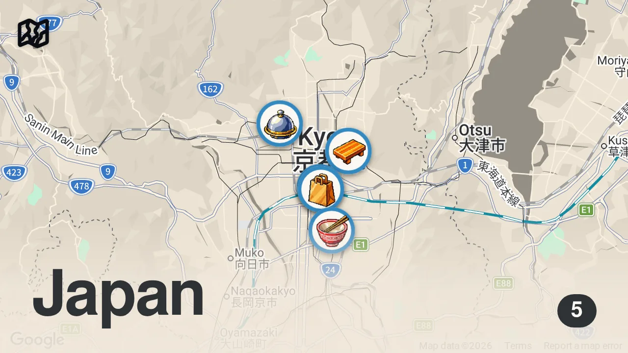 Map of 5 spots from 24H in Kyoto 🇯🇵 REAL SUSHI & Budget Japanese Food