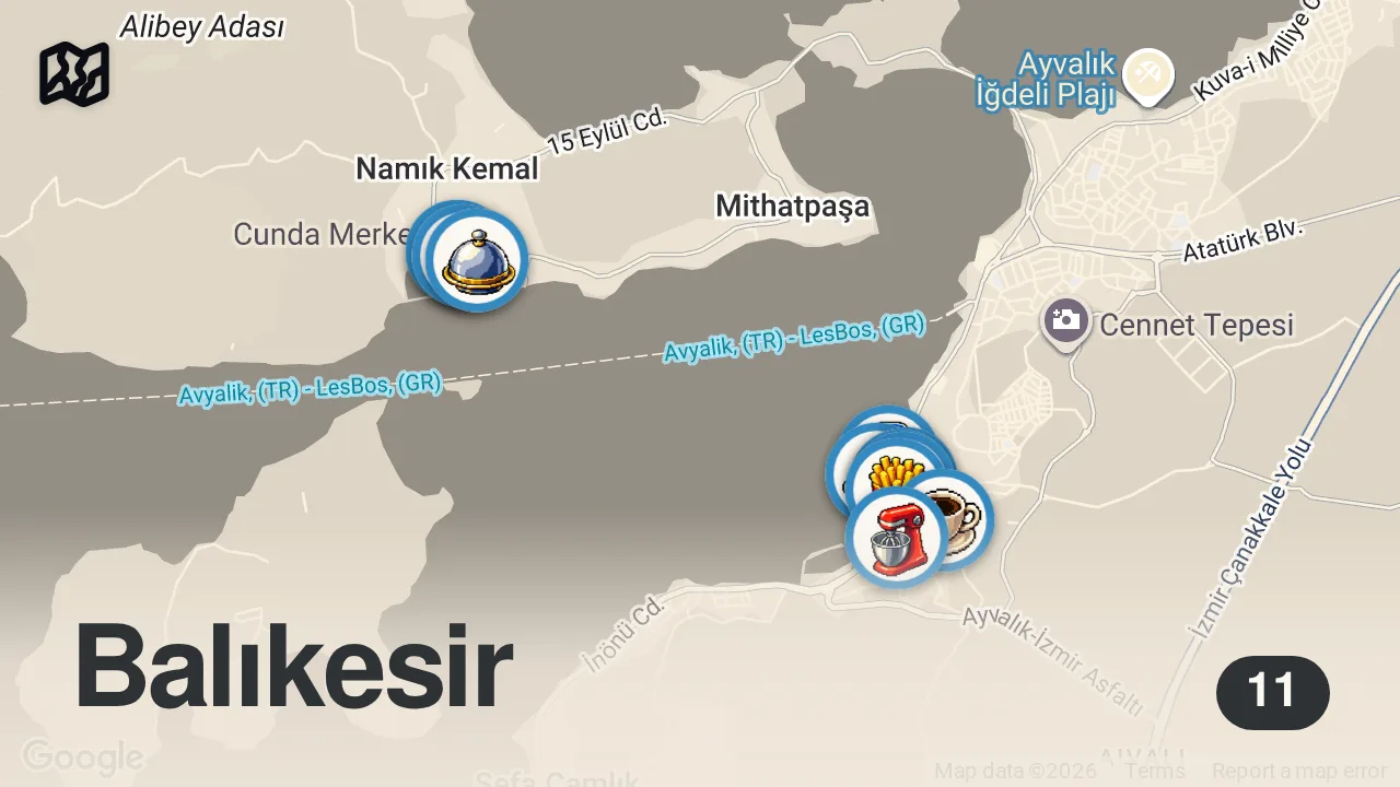Map of 11 spots from AYVALIK VE CUNDA LEZZETLERİ (Kül suyunda pişen tatlı yedik) - Ayaküstü Lezzetler