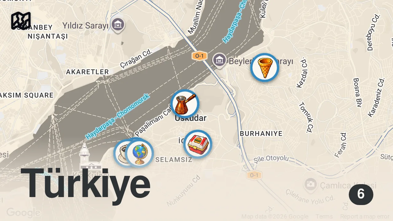 Map of 6 spots from BENCE BİRAZ ABARTMIŞSINIZ! | ÜSKÜDAR REHBERİ