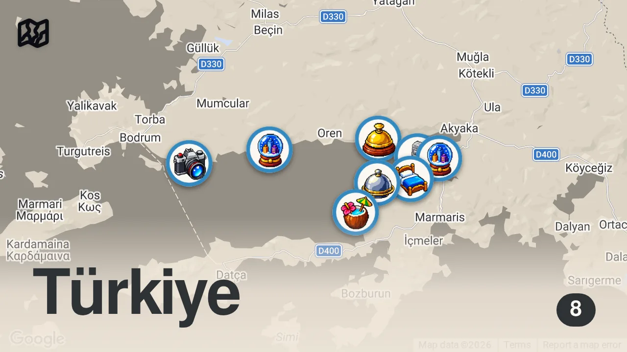 Map of 8 spots from A ROUTE STORY: Bekar Cove & Seven Islands, Gulf of Gökova | Season Finale