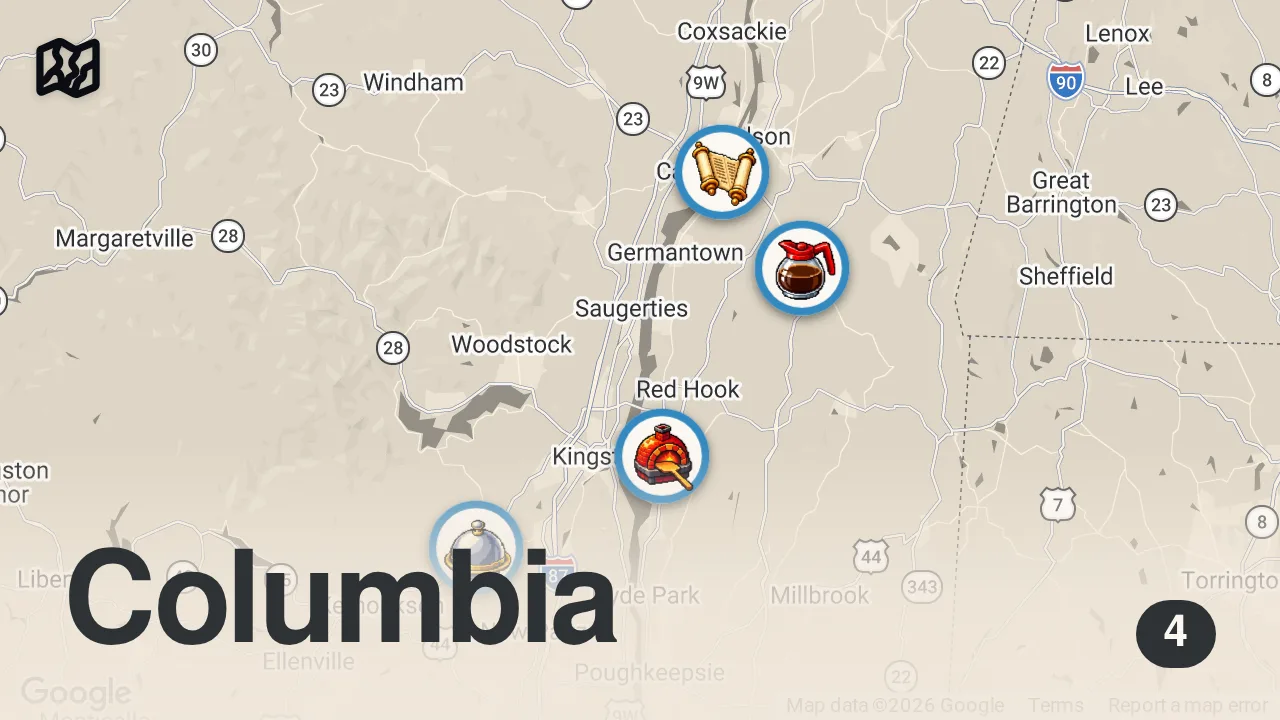 Map of 4 spots from Perfect Foodie Road Trip to Hudson Valley New York