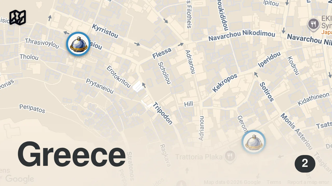 Map of 2 spots from 5 Places to Eat in Athens, Greece 🇬🇷🍴