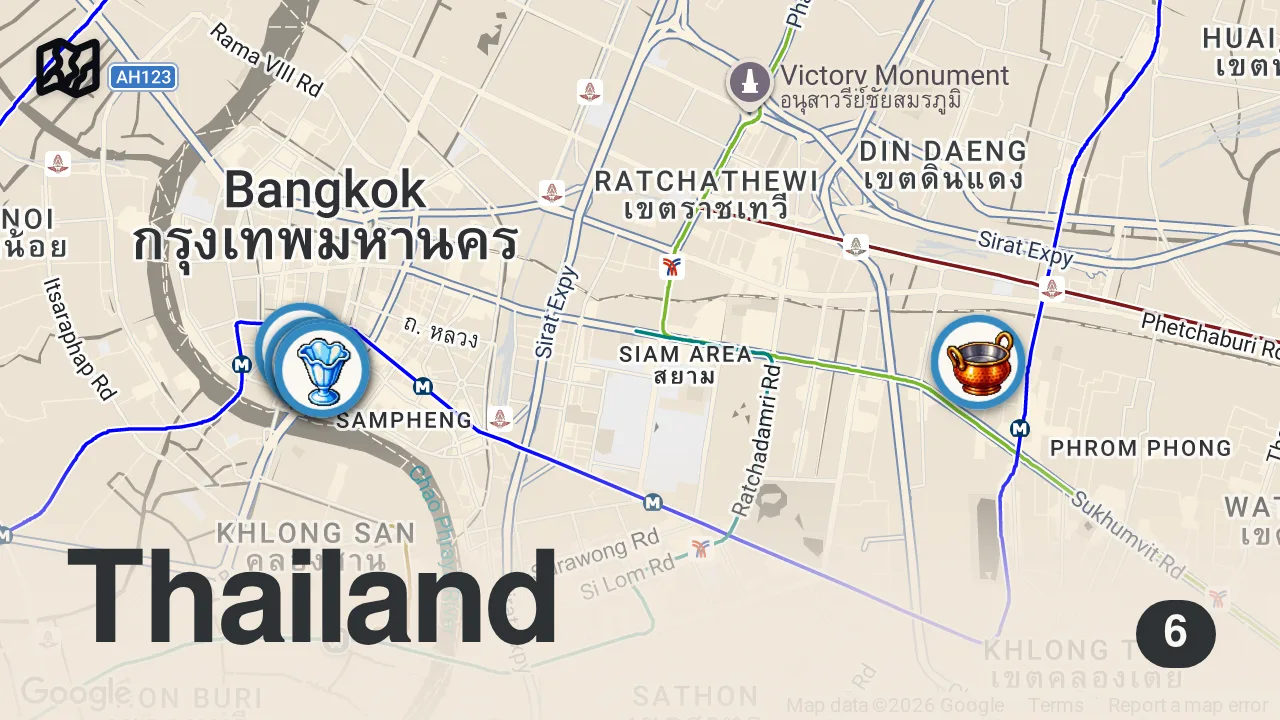 Map of 6 spots from Indian Street Food - KING of CHICKEN TIKKA!! | Best North Indian Restaurants in Bangkok!!