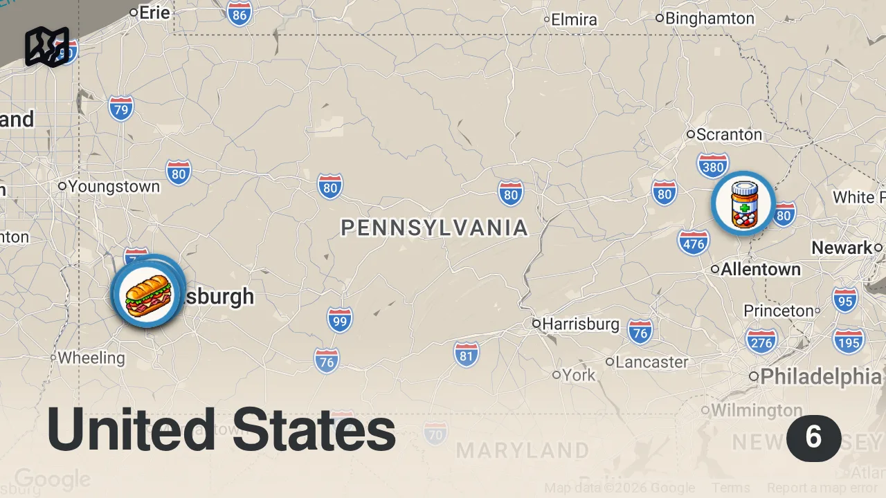 Map of 6 spots from Everything to Eat in Pittsburgh