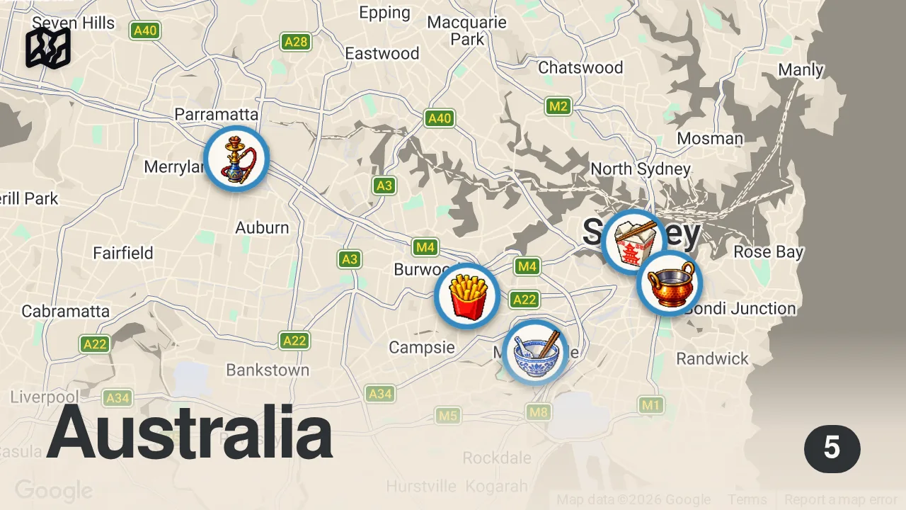 Map of 5 spots from Australian Fast Food!! 🇦🇺 TOP 5 CHEAP EATS in Sydney, Australia!