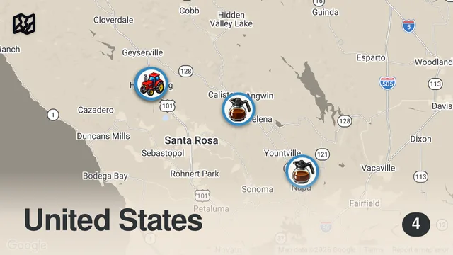 Map of Our Day in Napa: Wineries, Bakery Bistro and a 3 Michelin Star Dinner at SingleThread