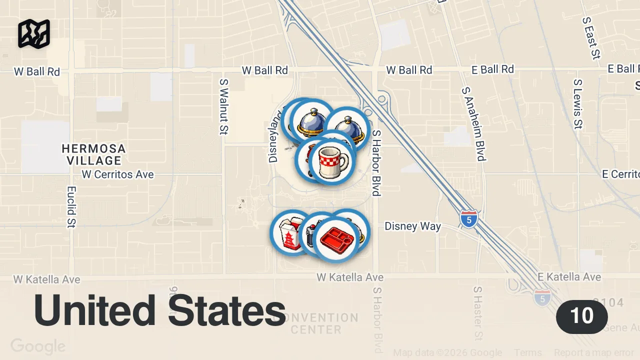 Map of 10 spots from Finding The Best Savory Snack At Disneyland Resort | Food Tours | Insider Food