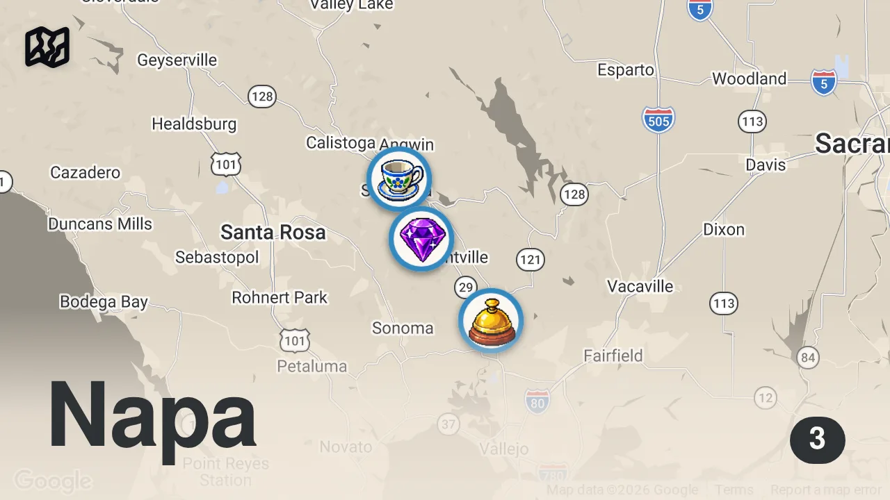 Map of 3 spots from $325 Train Food - LUXURY STEAK + CHEESE on the Napa Valley Wine Train!! π π