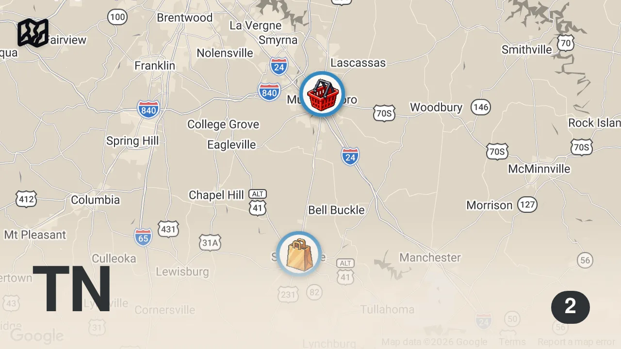 Map of 2 spots from Eating at Random Super Markets For 24 Hours...