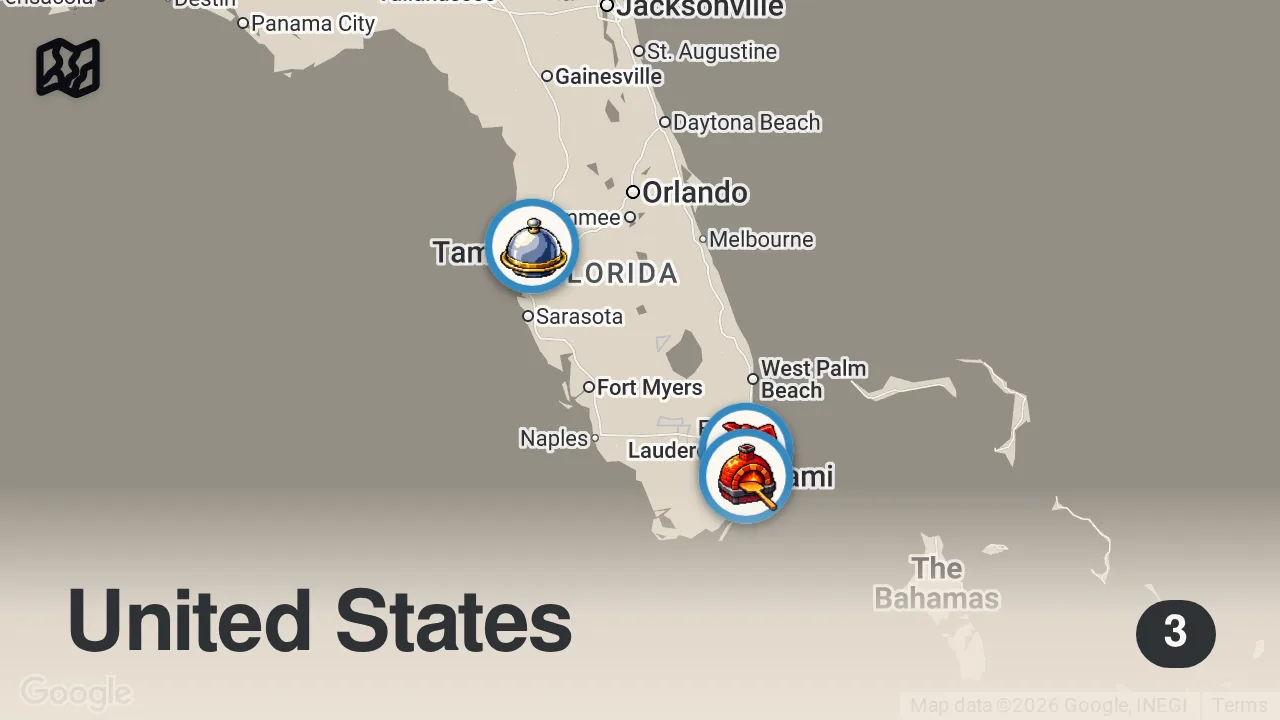 Map of 3 spots from Eating GIANT Food in Florida (BIGGEST IN USA)