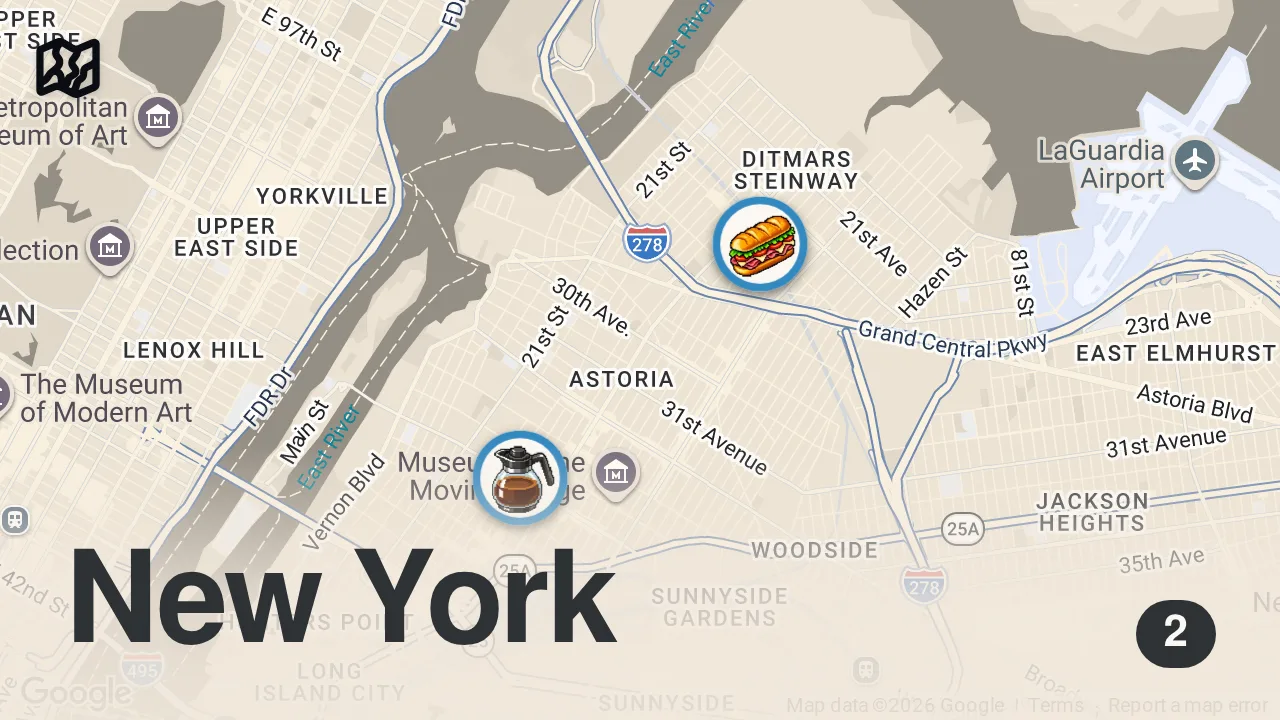 Map of 2 spots from 3 Must Eat Astoria Queens Restaurants