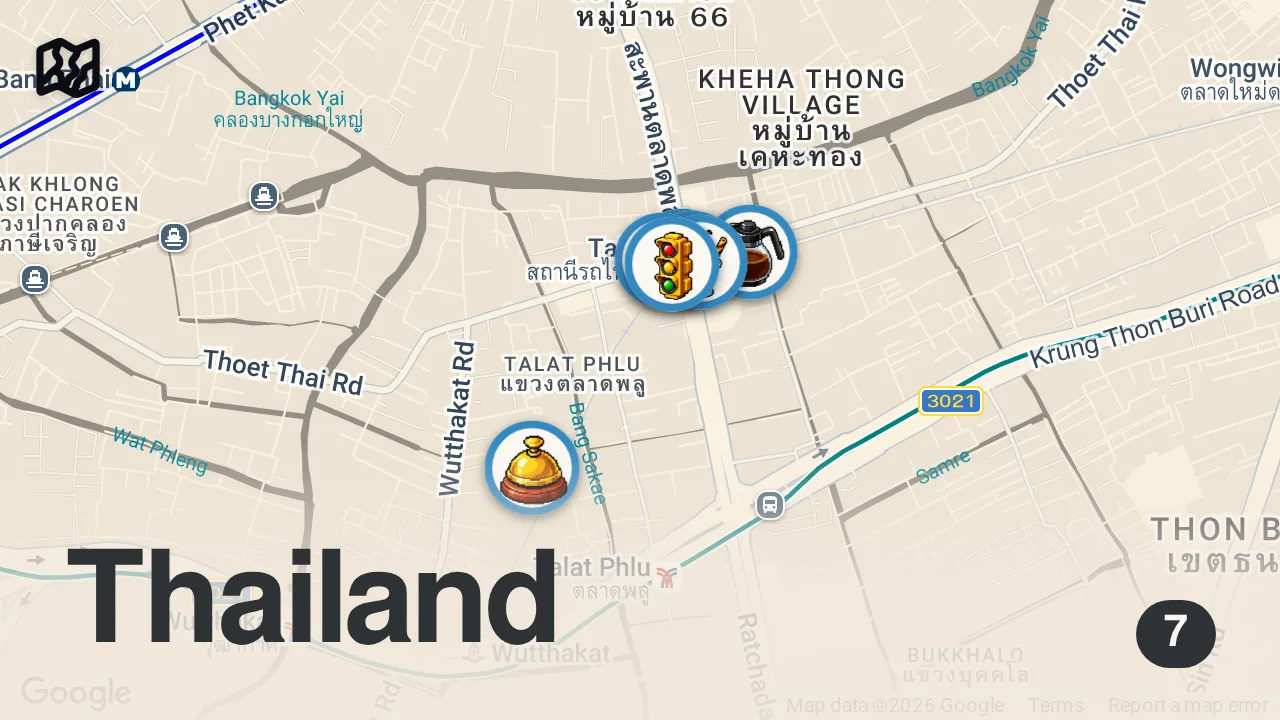 Map of 7 spots from How Much Can You Eat for $20 in Thailand!?