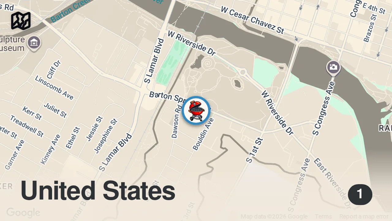 Map of 1 spot from French Girl Tries Real Texas BBQ for the First Time!