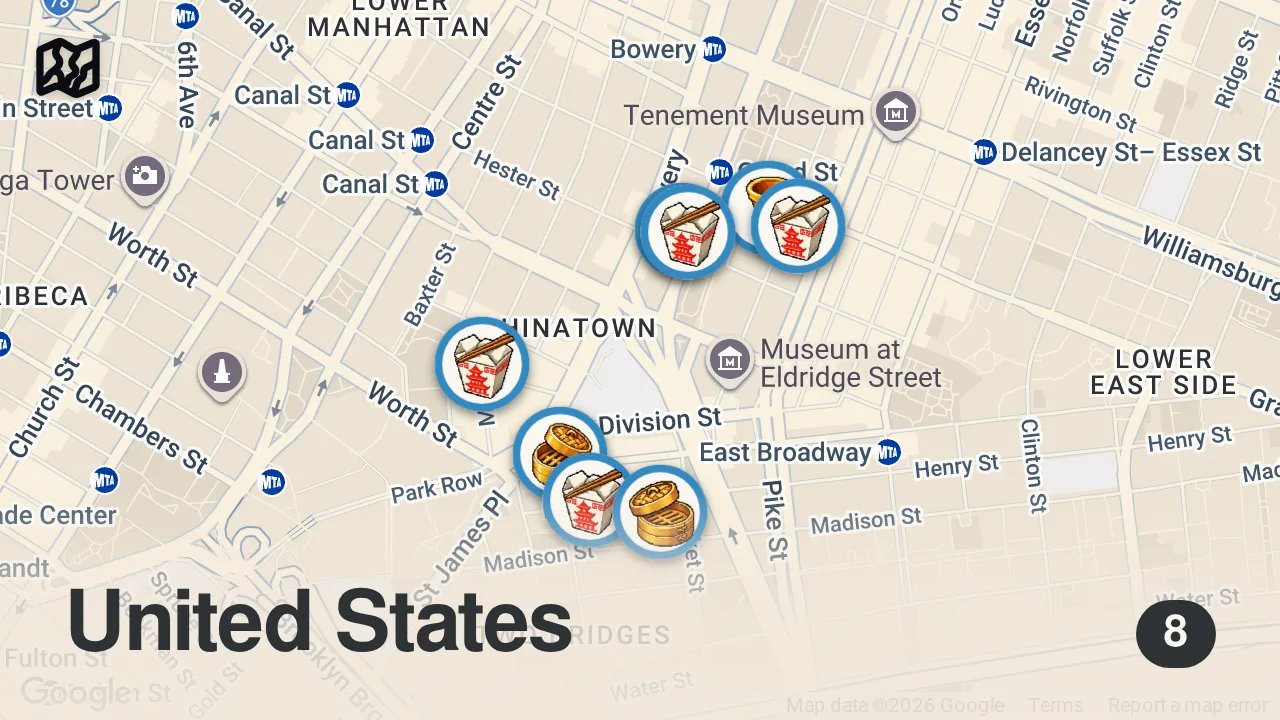 Map of 8 spots from $100 Chinatown New York City Street Food Challenge!