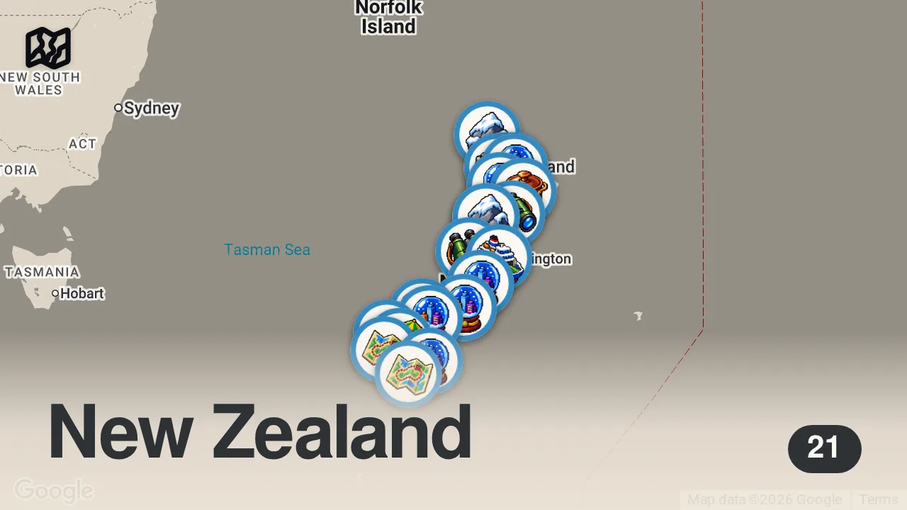 Map of 21 spots from 20 Most Beautiful Places to Visit in New Zealand | TRAVEL VIDEO 4K