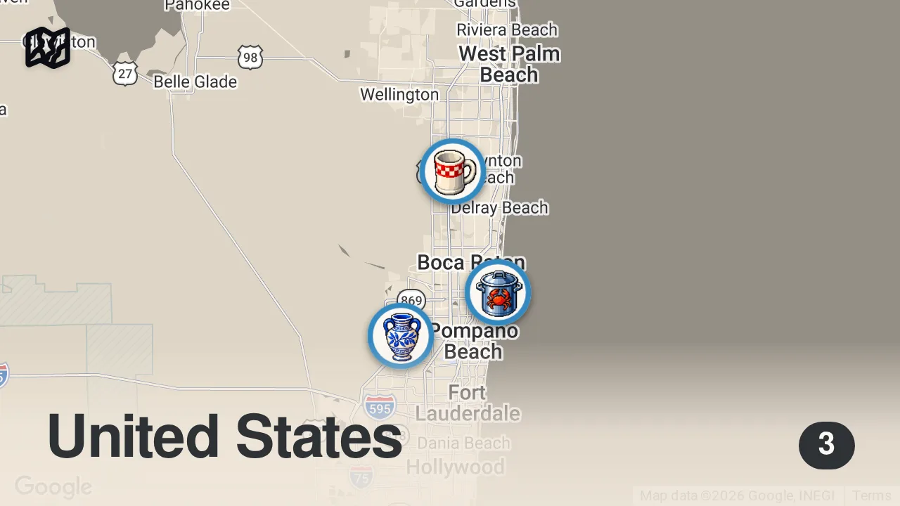 Map of 3 spots from Eating at Guy Fieri’s TOP Restaurants (As Seen on TV)