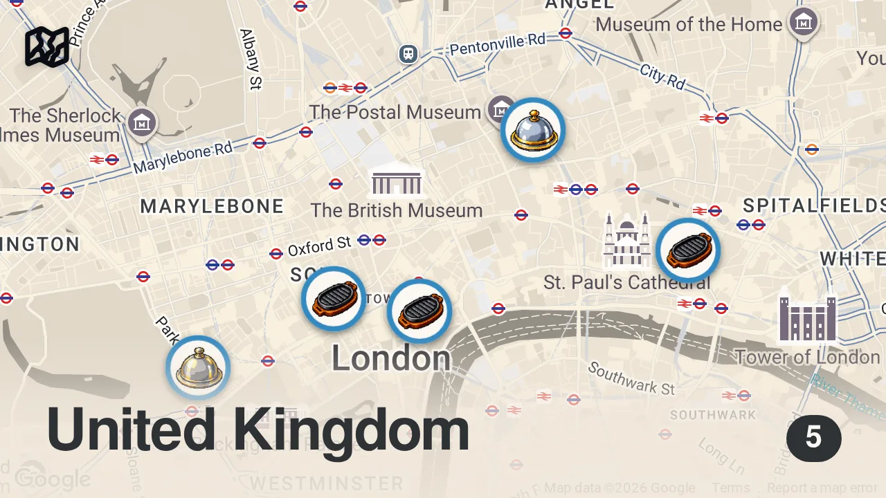 Map of 5 spots from Finding the Best Steak in London
