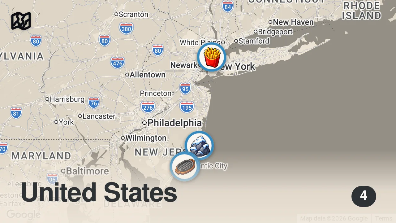 Map of 4 spots from $115 BISON TOMAHAWK!! 🥩 New Jersey Food Tour - Anthony Bourdain (Day 1)