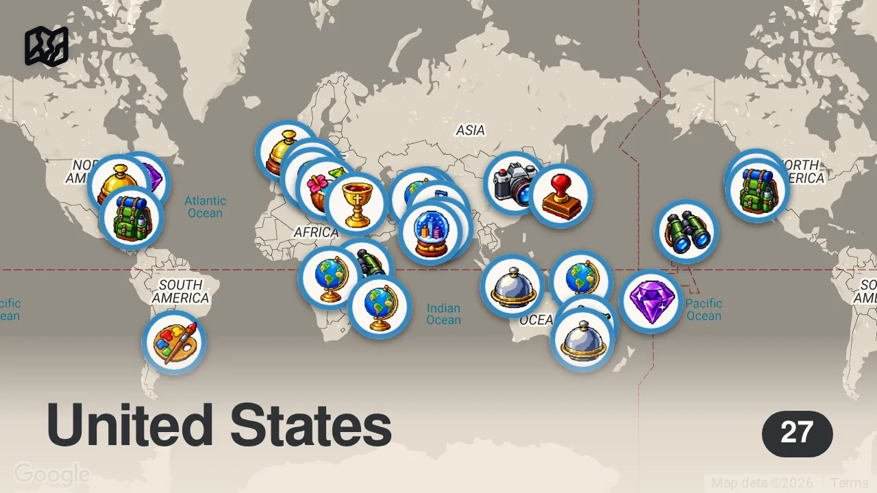 Map of 27 spots from 26 Best Travel Books Ever Written
