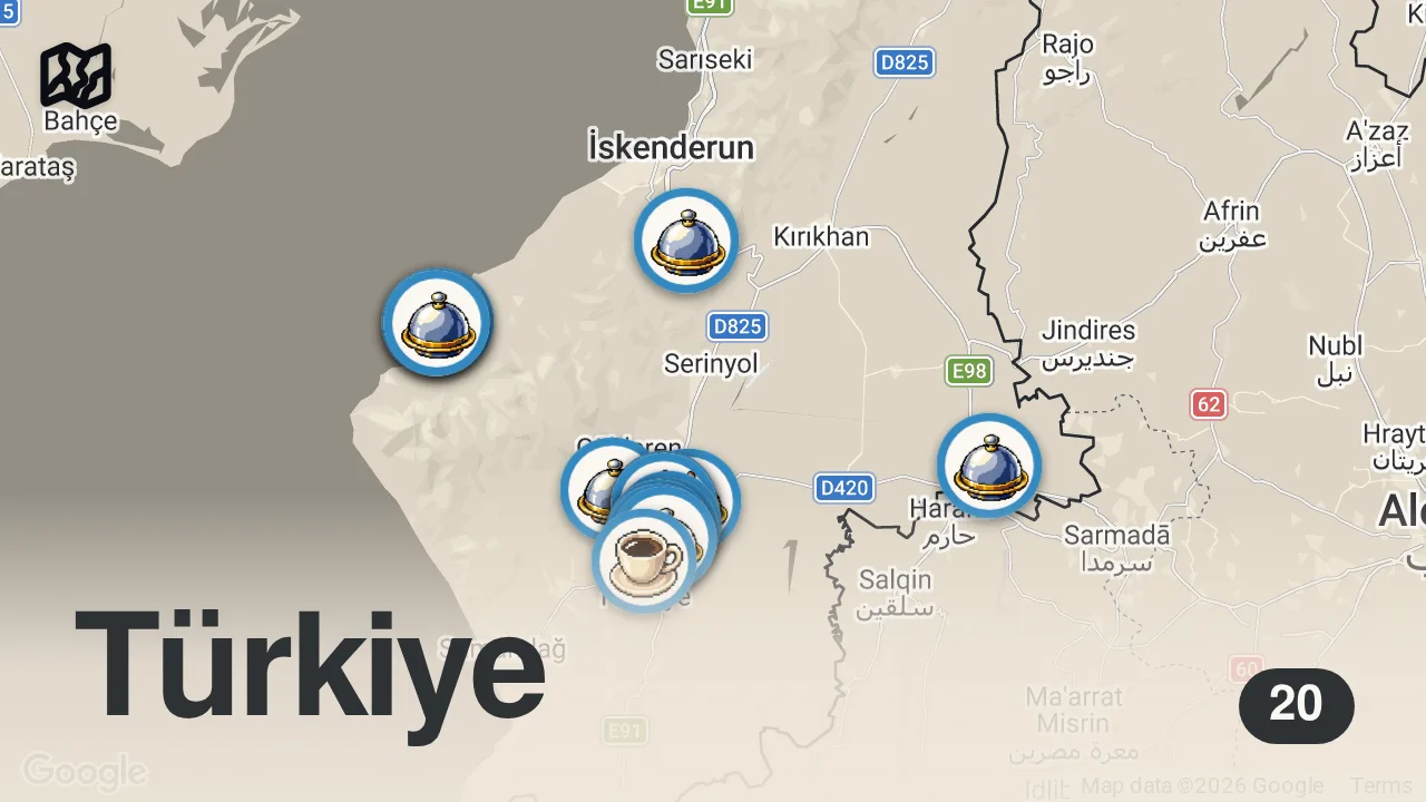 Map of 20 spots from HATAY LEZZET REHBERİ (Humus, Künefe, Oruk, Haytalı, Kömbe) - Ayaküstü Lezzetler