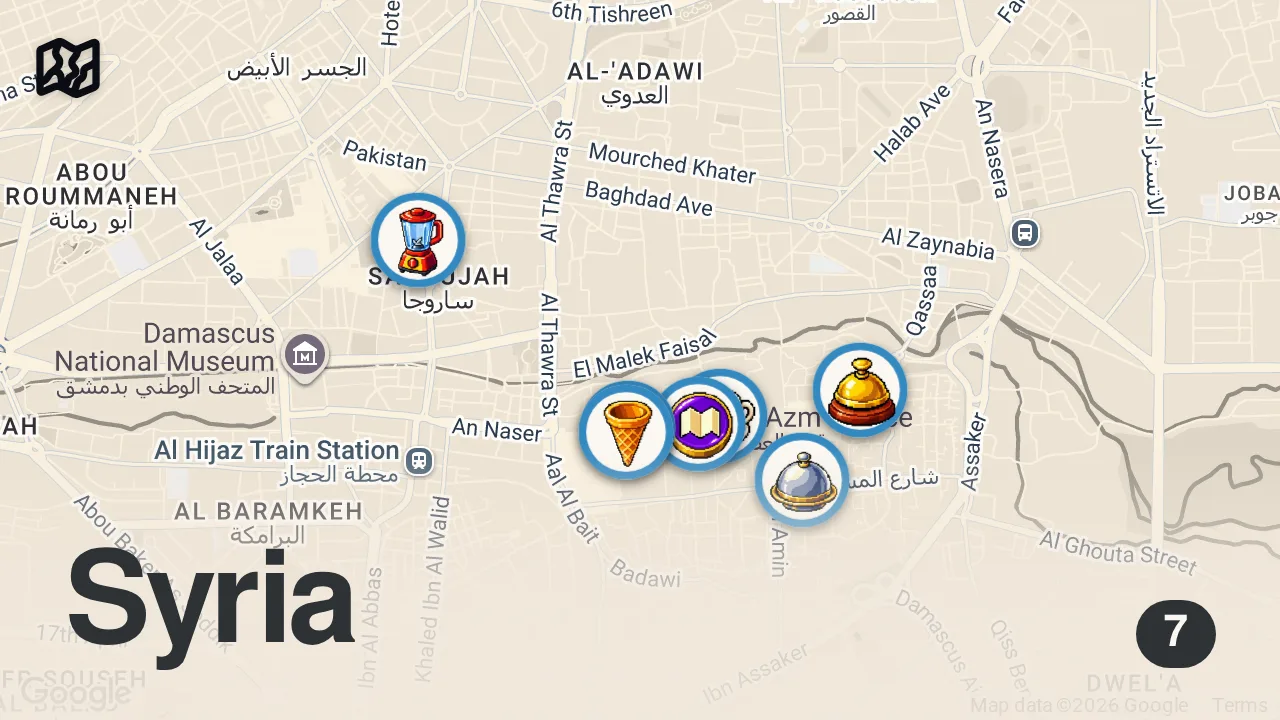 Map of 7 spots from Best Syrian Food!! GIANT MILKSHAKES + Food Tour in Damascus, Syria!!