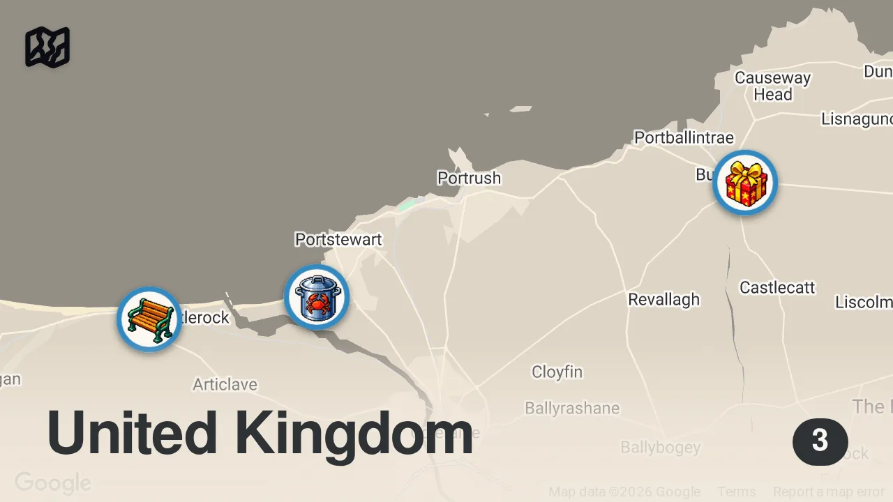 Map of 3 spots from BEAUTIFUL NORTHERN IRELAND COAST | Northern Ireland Road Trip Series Ep.2