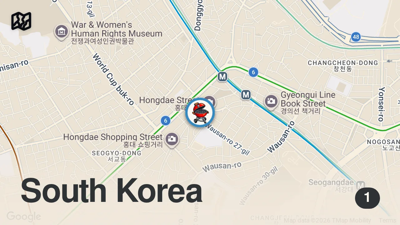 Map of 1 spot from Eating an ALL YOU CAN EAT Korean BBQ BREAKFAST at a 24 HOUR Korean BBQ Buffet in Seoul South Korea