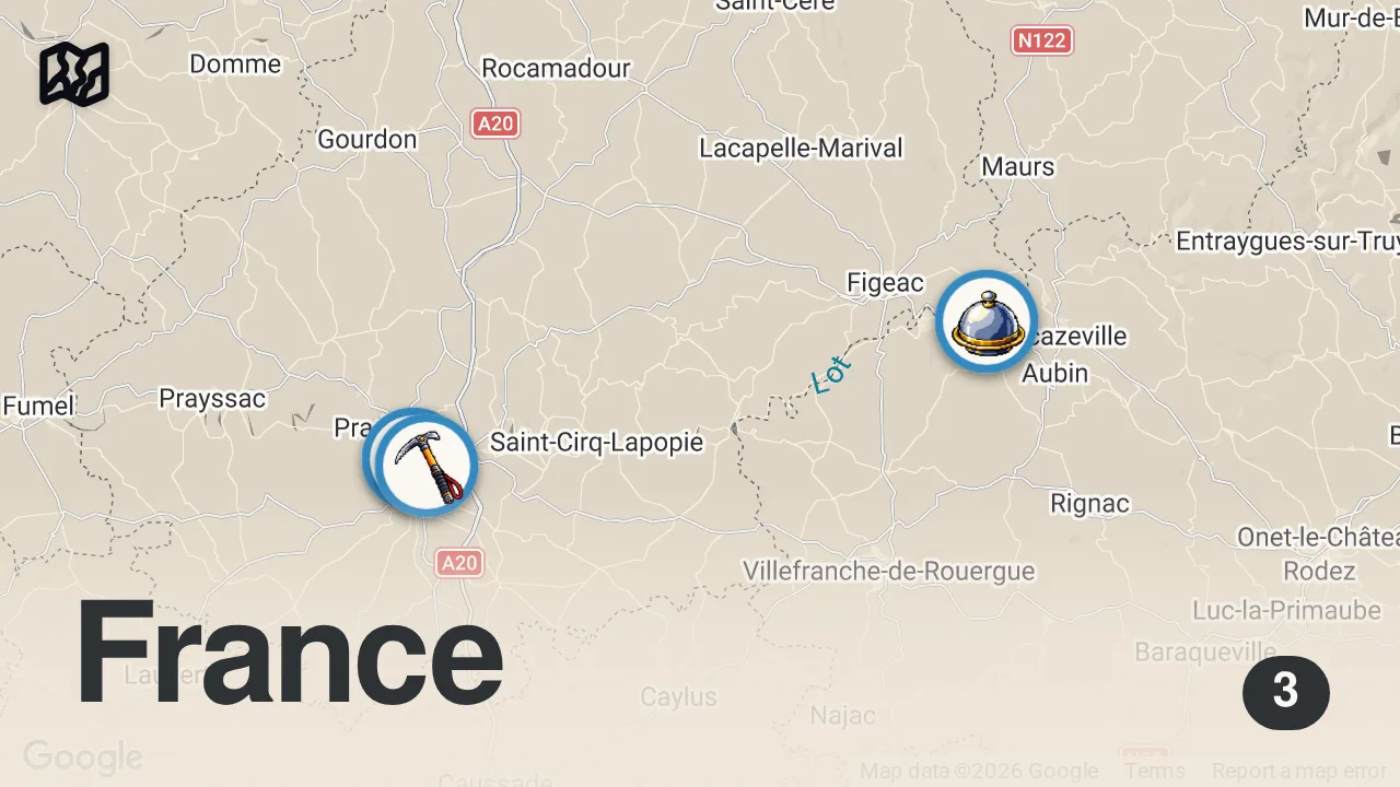 Map of 3 spots from CAHORS | Idée de week-end depuis Toulouse (accessible en train)