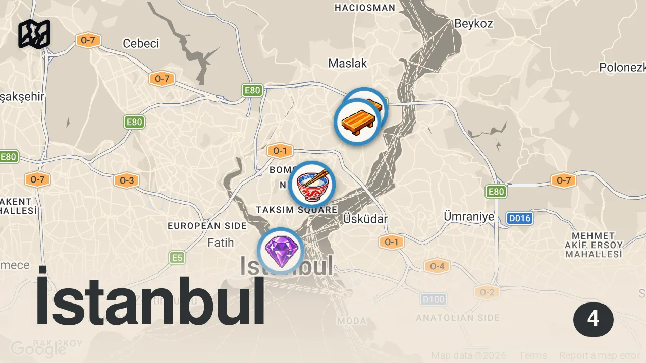Map of 4 spots from İSTANBUL’DAKİ JAPON LEZZETLERİ 🇯🇵🍣🥢| Ramen, Gyoza, Sushi Roll, Sashimi Omakase, W/@erkkocak
