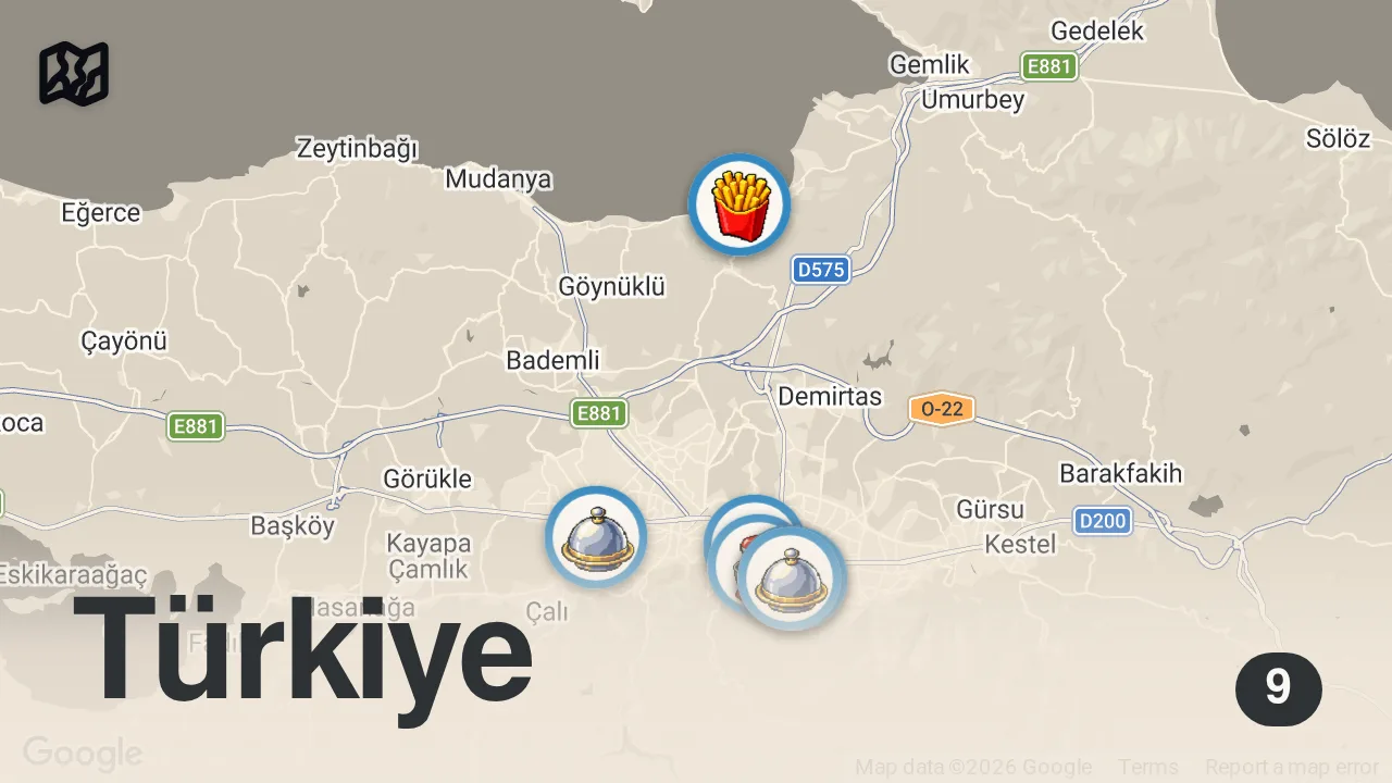 Map of 9 spots from BURSA LEZZET REHBERİ (İskender, tahanlı, cantık, süt helvası, kazandibi) - Ayaküstü Lezzetler