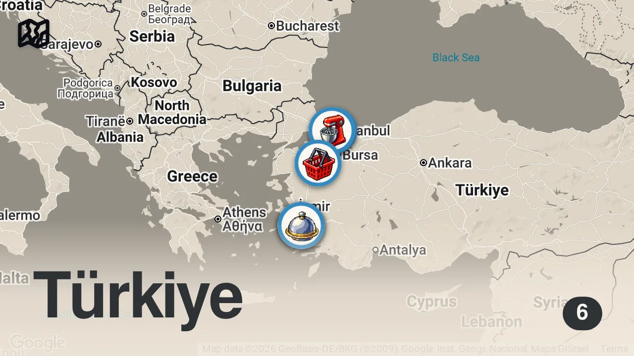 Map of 6 spots from İSTANBUL - BODRUM YOL ÜSTÜ LEZZET DURAKLARI (2021) - Ayaküstü Lezzetler