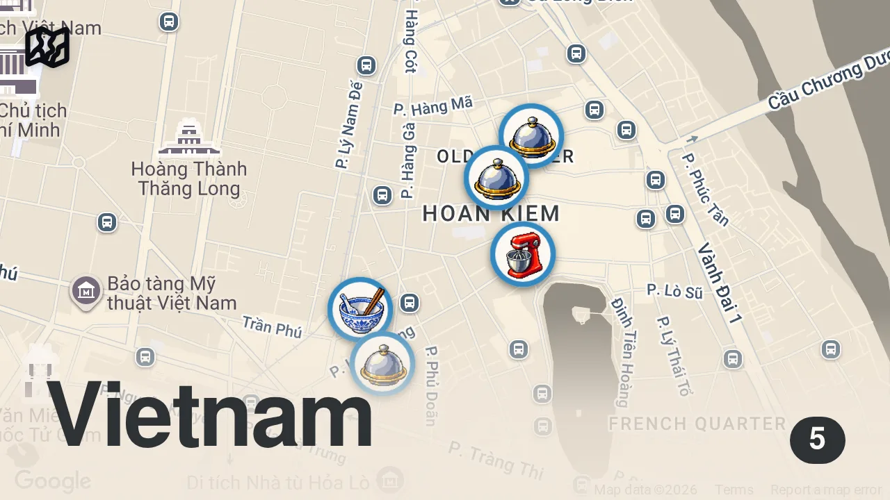 Map of 5 spots from 24H In HANOI - Eating Nonstop Vietnamese Street Food