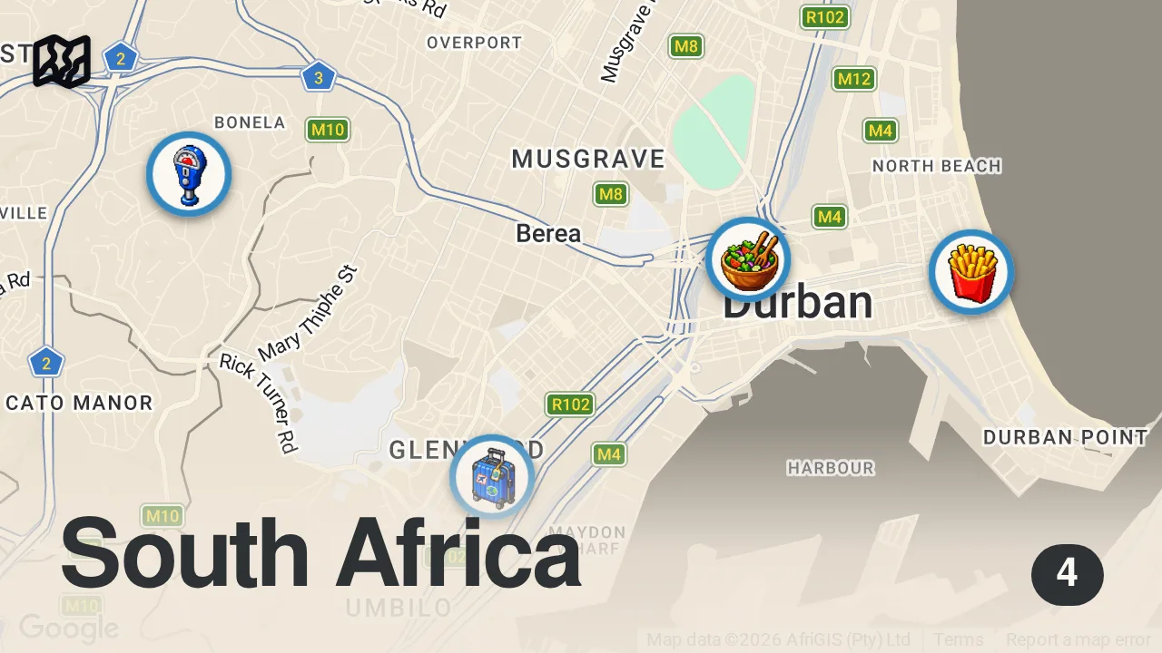 Map of 4 spots from I Ate Extreme Indian Food in South Africa!! (Bunny Chow)