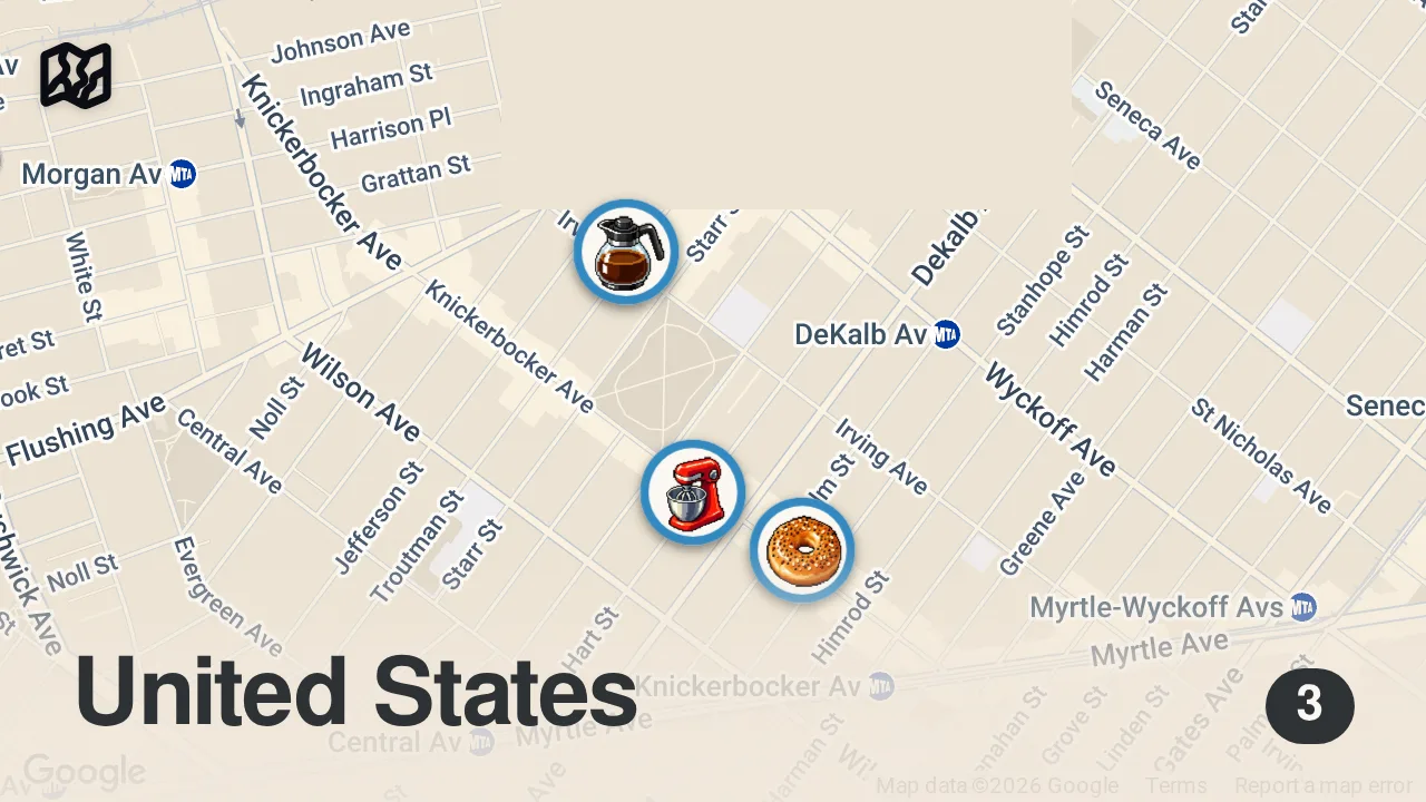 Map of 3 spots from Did a little Bushwick snacking with Ashby Gentry!!!